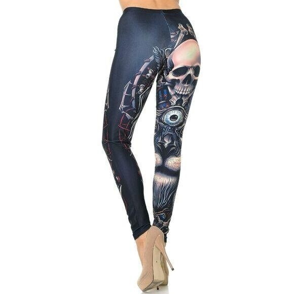 Reg one Size Halloween Ugly Skull Leggings Black - Picture 6 of 10